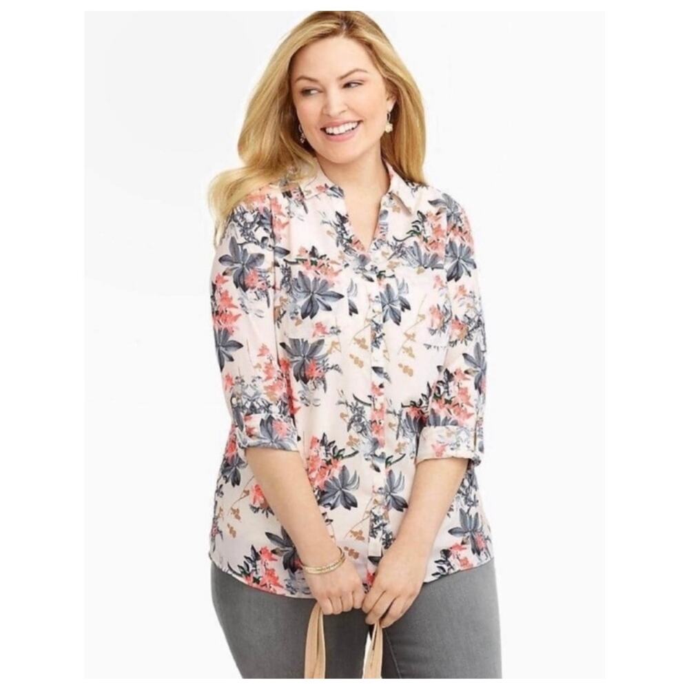 Talbots Nantucket Classic Vibrant Floral Print Button Up Long Sleeve Blouse